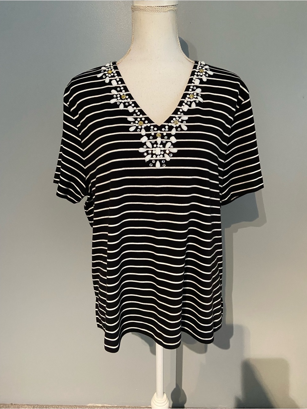 Alfred Dunner Black & White Striped V‑Neck Top with Beaded Accent
